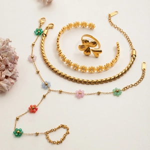 18K gold-plated stainless steel jewelry set with colorful beaded flowers for women
