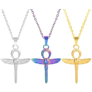 Three-color Egyptian Scarab and Ankh pendant necklaces in gold, silver, and iridescent finishes
