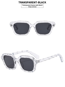 Detailed macro view of retro square sunglasses with transparent frames and dark lenses