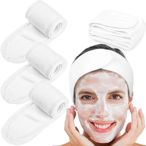 White terry cloth spa headbands for face washing with adjustable hook and loop closure
