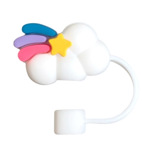 Macro shot of 10mm rainbow cloud silicone straw topper with colorful star and tail details