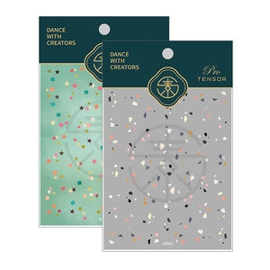 Japanese pro tensor nail stickers with colorful stars and terrazzo patterns on blue cards