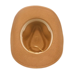 Détail du bandeau intérieur et du cordon réglable sur le chapeau de paille tissé