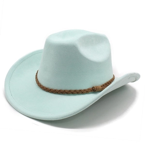 Detail of mint green suede jazz hat featuring a brown braided rope tassel hatband