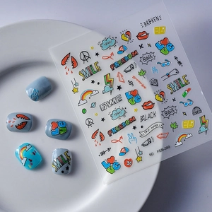 5D embossed nail art stickers FEB-389 with colorful cartoon graffiti and heart patterns