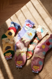 Five pairs of fluffy coral fleece thermal socks featuring cute cartoon patterns and 3D accents