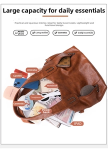 Top view of a large brown leather tote bag showing spacious storage for iPad and daily items