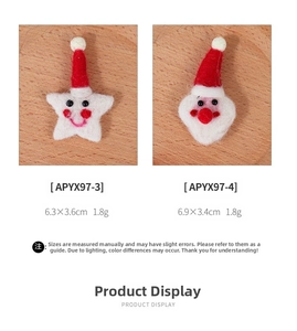 Detailed size view of handmade felt Santa Claus and star Christmas tree ornaments