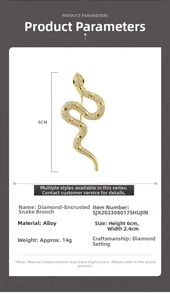 Detailed product dimensions for the gold rhinestone snake brooch with sizing measurements