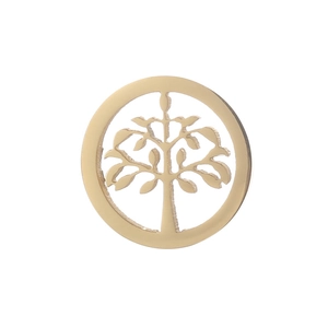 Minimalist gold stainless steel Tree of Life hollow circular pendant with polished finish
