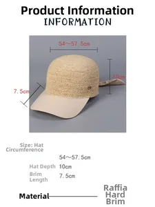 Maattabel voor raffia baseballpet met details over de omtrek en de harde rand