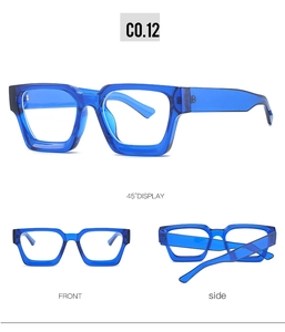 Three perspectives of royal blue square eyeglass frames showing front and side views