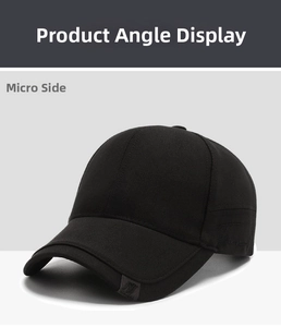 Detailed side view of black baseball cap showing twill texture and small logo tag