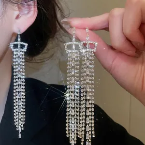 Elegant Crown Long Tassel Dangle Earrings Zircon Rhinestone Copper With Silver Earring Post Bridal Wedding Party