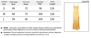 Detailed size chart for elegant yellow satin evening dress with bust pleats and side slit