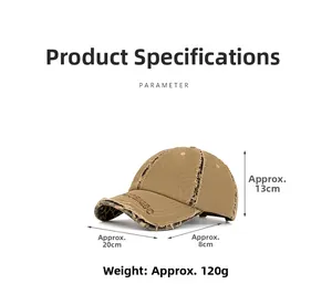 Close-up of distressed khaki cotton baseball cap with ripped edges and leopard print lining
