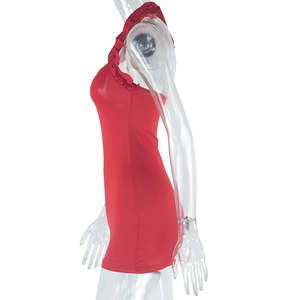 Detailed side view of red bodycon dress with ruffle neckline on transparent mannequin
