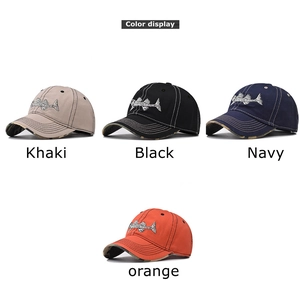 Detailed fishbone embroidery on cotton baseball caps in khaki, black, navy and orange