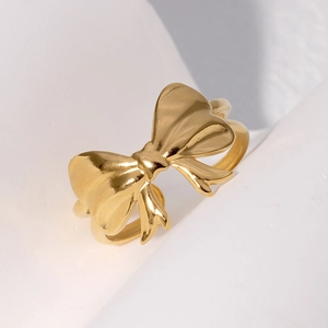 Elegant gold-plated stainless steel bow ring with adjustable double-band open design