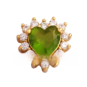Detail showing gold plated heart charm with green zircon center and micro-pave crystals