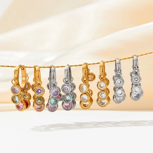 Elegant gold and silver drop earrings featuring colorful round-cut cubic zirconia crystals