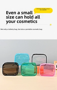 Detail view of small transparent PVC toiletry bags in blue black grey green and pink
