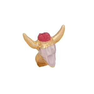 Bohemian gold bull head ring with magenta crystal druzy and light purple accent