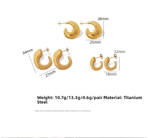 Three sizes of 18K gold plated hollow C-shape earrings in polished stainless steel