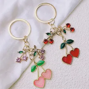 Cute Heart Cherry Keychain Zinc Alloy Rhinestone Bag Charm Pendant Sweet Fruit Accessory Jewelry Gift For Women Girls