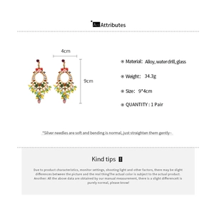 Detailed size specifications and colorful crystal tassel earrings with dimensions 9x4cm