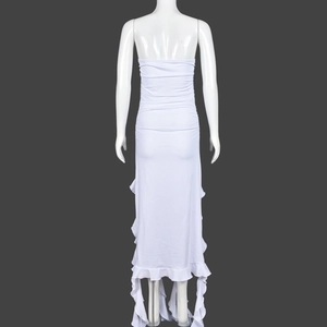 Detailed back view of white strapless bodycon dress featuring hollow-out waist and ruffled hem