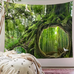 Detail of forest tapestry showing hollow ancient tree path and pigeons on a bedroom wall