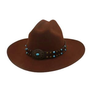 British style wool felt jazz hat with wide brim and turquoise stone belt decoration