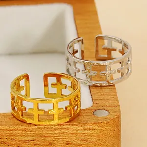 Adjustable hollow cross pattern ring in gold and silver finish for women fashion