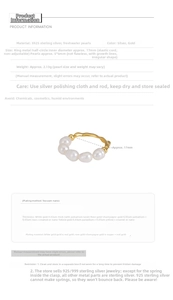 Detail showing S925 silver irregular pearl ring dimensions and materials specifications