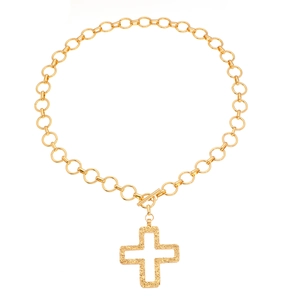 Gold cross pendant necklace with textured hollow design and toggle T-bar clasp