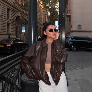 Women Vintage Faux PU Leather Bomber Jacket Oversized Zip Up Turn Down Collar Moto Streetwear Coat