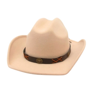 Beige felt western jazz hat with brown leather band and metallic ox head buckle accent