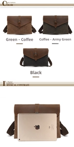 Waterproof canvas and leather vintage envelope bag shown in three colors with iPad size comparison