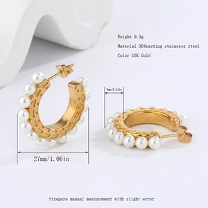 18K gold plated stainless steel hoop earrings with white pearls and textured finish