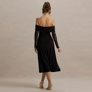 Elegant off-shoulder black midi dress with sheer mesh long sleeves and open back design