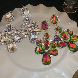 Exaggerated teardrop crystal earrings in silver and multi-color iridescent gradient finish