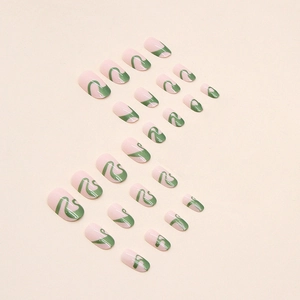Pink press-on nails with green abstract wavy lines, 24-piece short round square nails