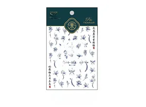 Detailed 5D nail art stickers with blue floral, butterfly and ink patterns in Chinese style