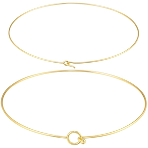 Detail of two gold stainless steel choker necklaces with different clasp designs