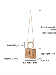 Chic hand-woven crossbody straw bag with gold chain and handle in compact sizing