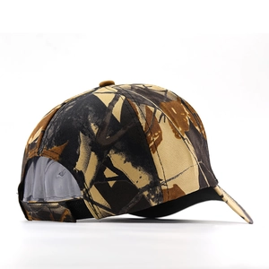 Detail of adjustable hook-and-loop strap on bionic leaf camouflage baseball cap