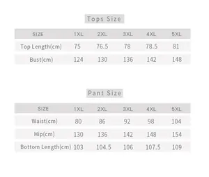 Detailed size chart for silk pajama set including measurements for tops and pants 1XL to 5XL