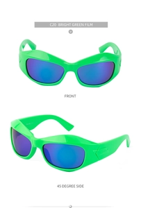 Front and 45-degree side view of bright green steampunk Y2K sports sunglasses with purple lenses