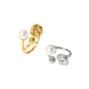 Lava texture 18K gold and silver stainless steel open rings with pearls and metal beads